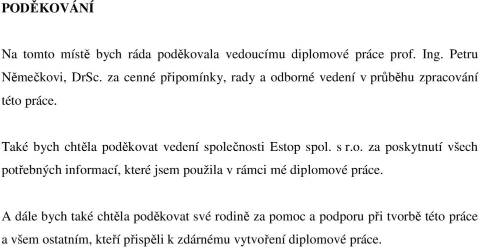 Také bych chtěla poděkovat vedení společnosti Estop spol. s r.o. za poskytnutí všech potřebných informací, které jsem použila v rámci mé diplomové práce.