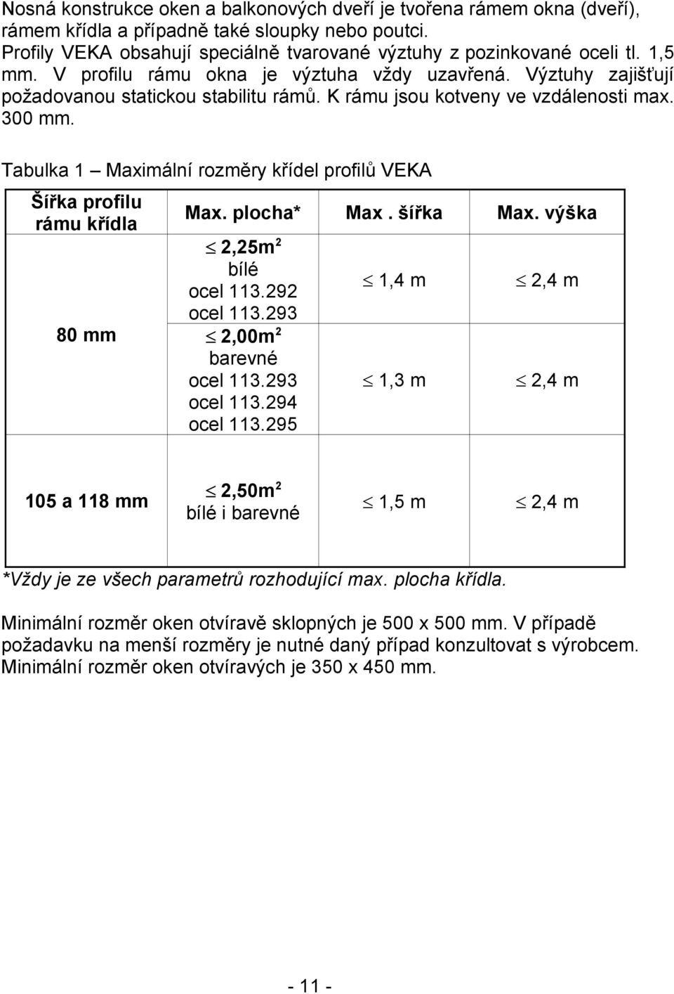 Tabulka 1 Maximální rozměry křídel profilů VEKA Šířka profilu rámu křídla 80 mm Max. plocha* Max. šířka Max. výška 2,25m 2 bílé ocel 113.292 ocel 113.293 2,00m 2 barevné ocel 113.293 ocel 113.