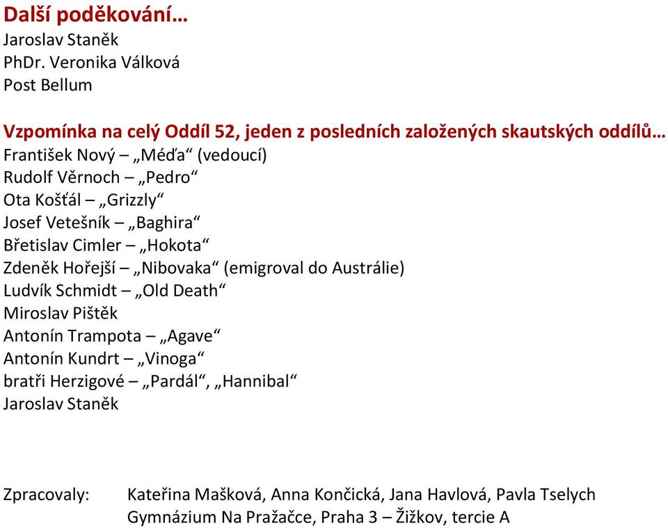 Věrnoch Pedro Ota Košťál Grizzly Josef Vetešník Baghira Břetislav Cimler Hokota Zdeněk Hořejší Nibovaka (emigroval do Austrálie) Ludvík