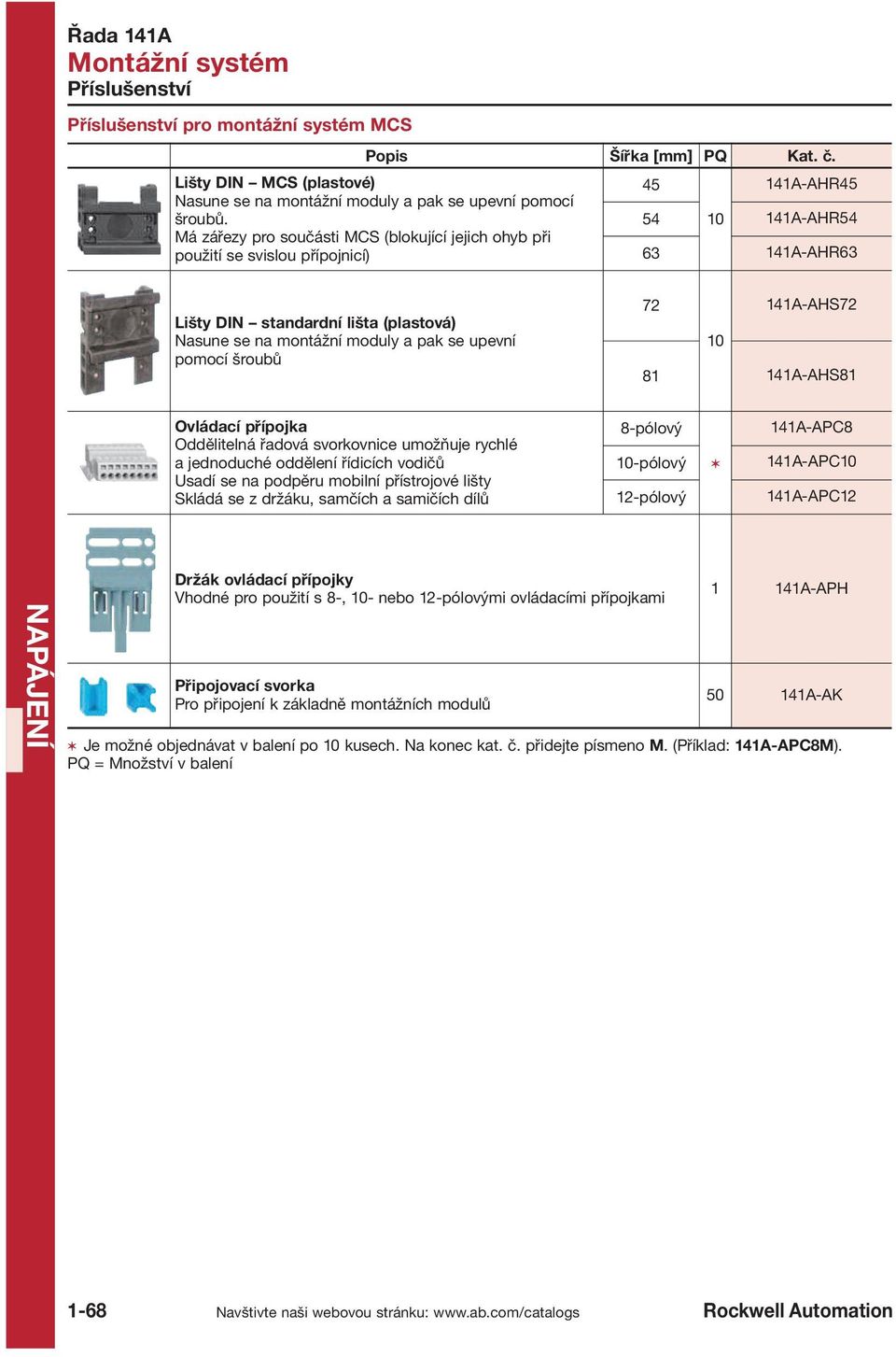 se upevní pomocí šroubů 72 141A AHS72 10 81 141A AHS81 Ovládací přípojka Oddělitelná řadová svorkovnice umožňuje rychlé a jednoduché oddělení řídicích vodičů Usadí se na podpěru mobilní přístrojové