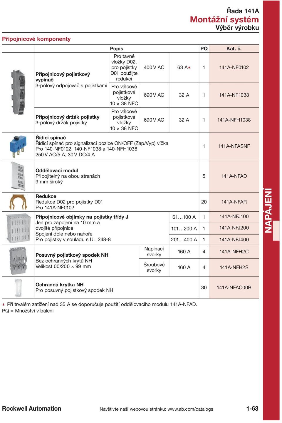 (Zap/Vyp) víčka Pro 140 NF0102, 140 NF1038 a 140 NFH1038 250 V AC/5 A; 30 V DC/4 A 400 V AC 63 A 1 141A NF0102 690 V AC 32 A 1 141A NF1038 690 V AC 32 A 1 141A NFH1038 1 141A NFASNF Oddělovací modul