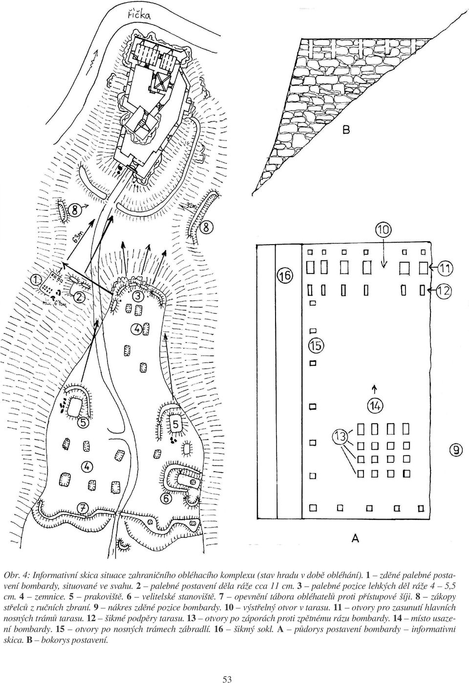 7 opevnní tábora obléhatel proti pístupové šíji. 8 zákopy stelc z runích zbraní. 9 nákres zdné pozice bombardy. 10 výstelný otvor v tarasu.