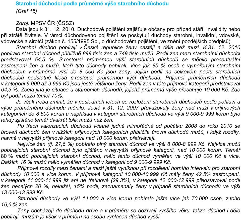 V rámci důchodového pojištění se poskytují důchody starobní, invalidní, vdovské, vdovecké a sirotčí (zákon č. 155/1995 Sb., o důchodovém pojištění, ve znění pozdějších předpisů).