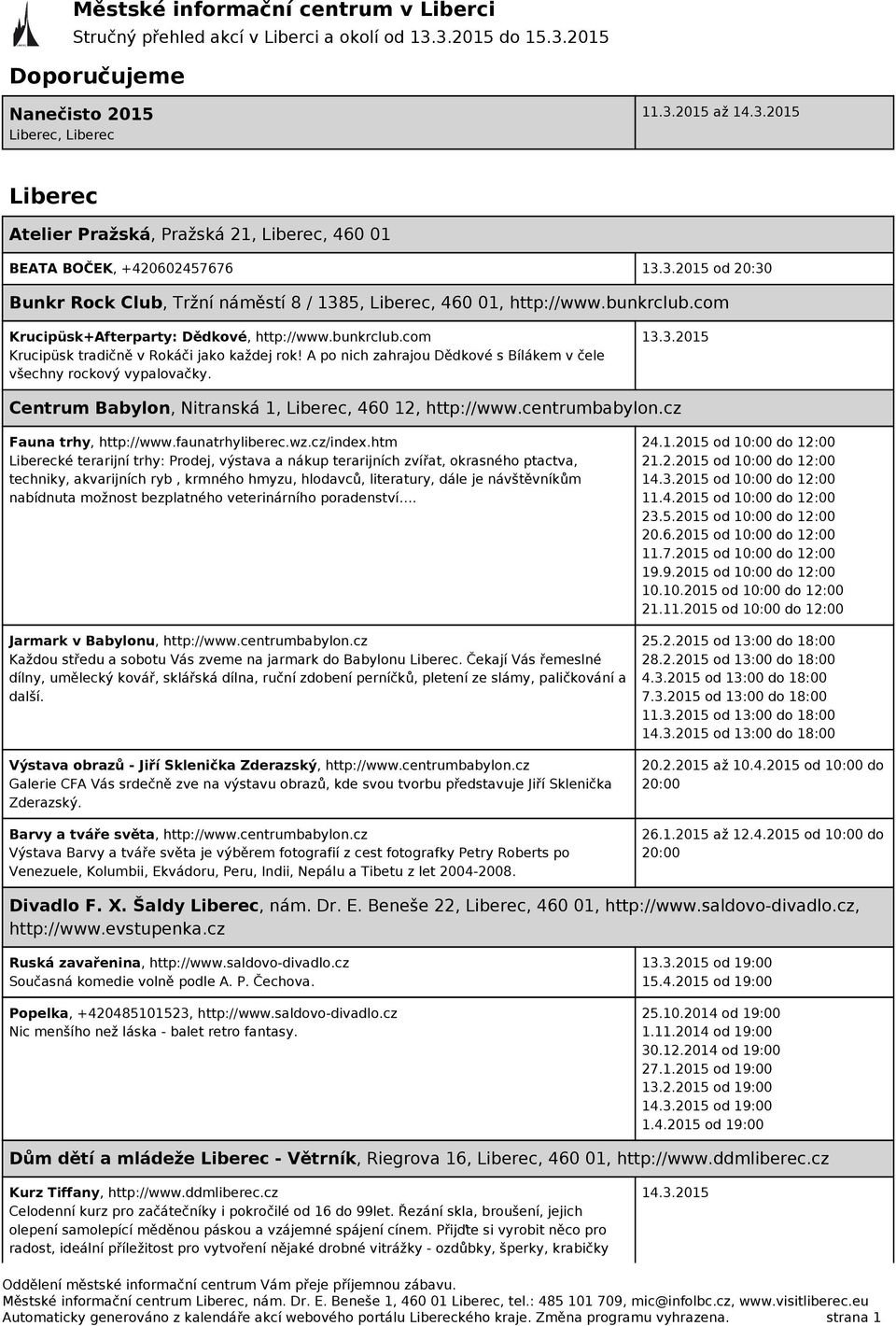 3.2015 Centrum Babylon, Nitranská 1, Liberec, 460 12, http://www.centrumbabylon.cz Fauna trhy, http://www.faunatrhyliberec.wz.cz/index.