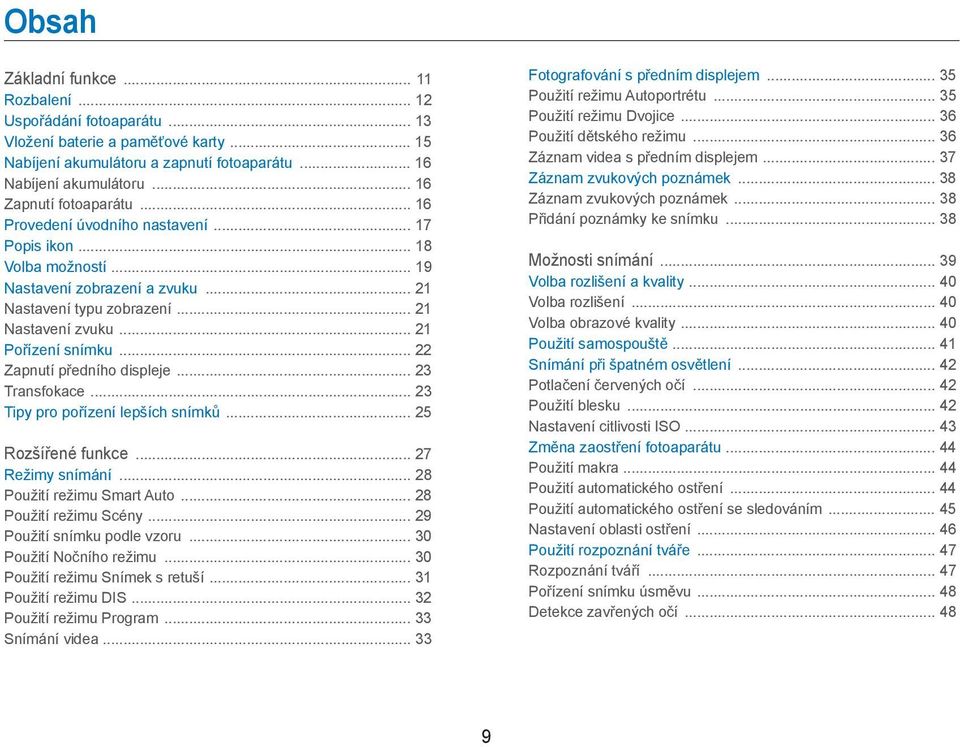 .. 21 Pořízení snímku... 22 Zapnutí předního displeje... 23 Transfokace... 23 Tipy pro pořízení lepších snímků... 25 Rozšířené funkce... 27 Režimy snímání... 28 Použití režimu Smart Auto.