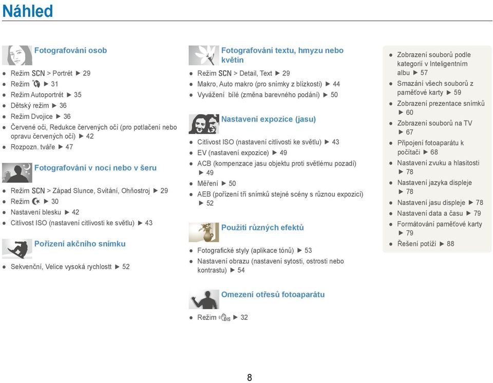 Sekvenční, Velice vysoká rychlostt 52 Fotografování textu, hmyzu nebo květin Režim s > Detail, Text 29 Makro, Auto makro (pro snímky z blízkosti) 44 Vyvážení bílé (změna barevného podání) 50