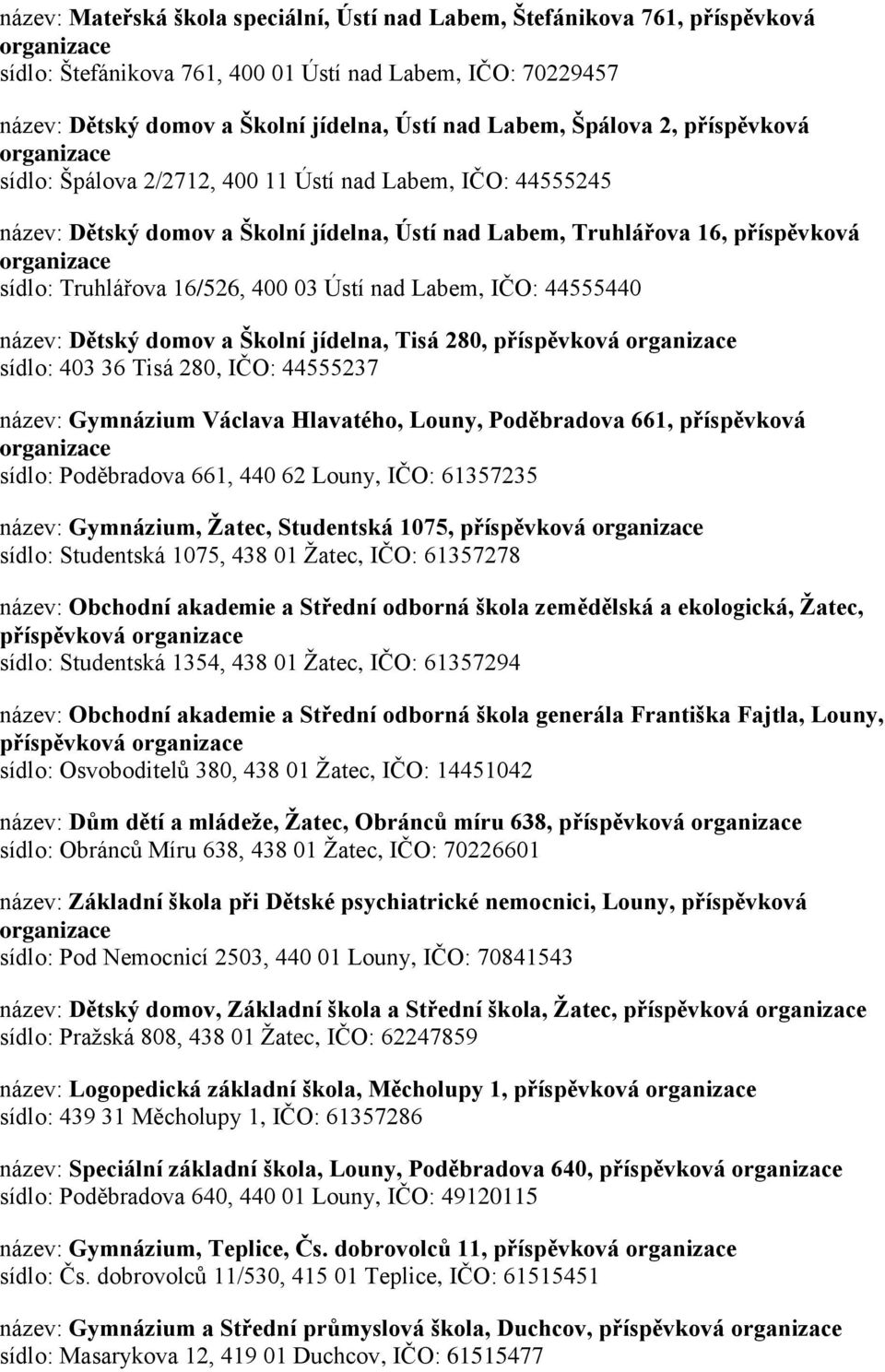 Ústí nad Labem, IČO: 44555440 název: Dětský domov a Školní jídelna, Tisá 280, příspěvková sídlo: 403 36 Tisá 280, IČO: 44555237 název: Gymnázium Václava Hlavatého, Louny, Poděbradova 661, příspěvková