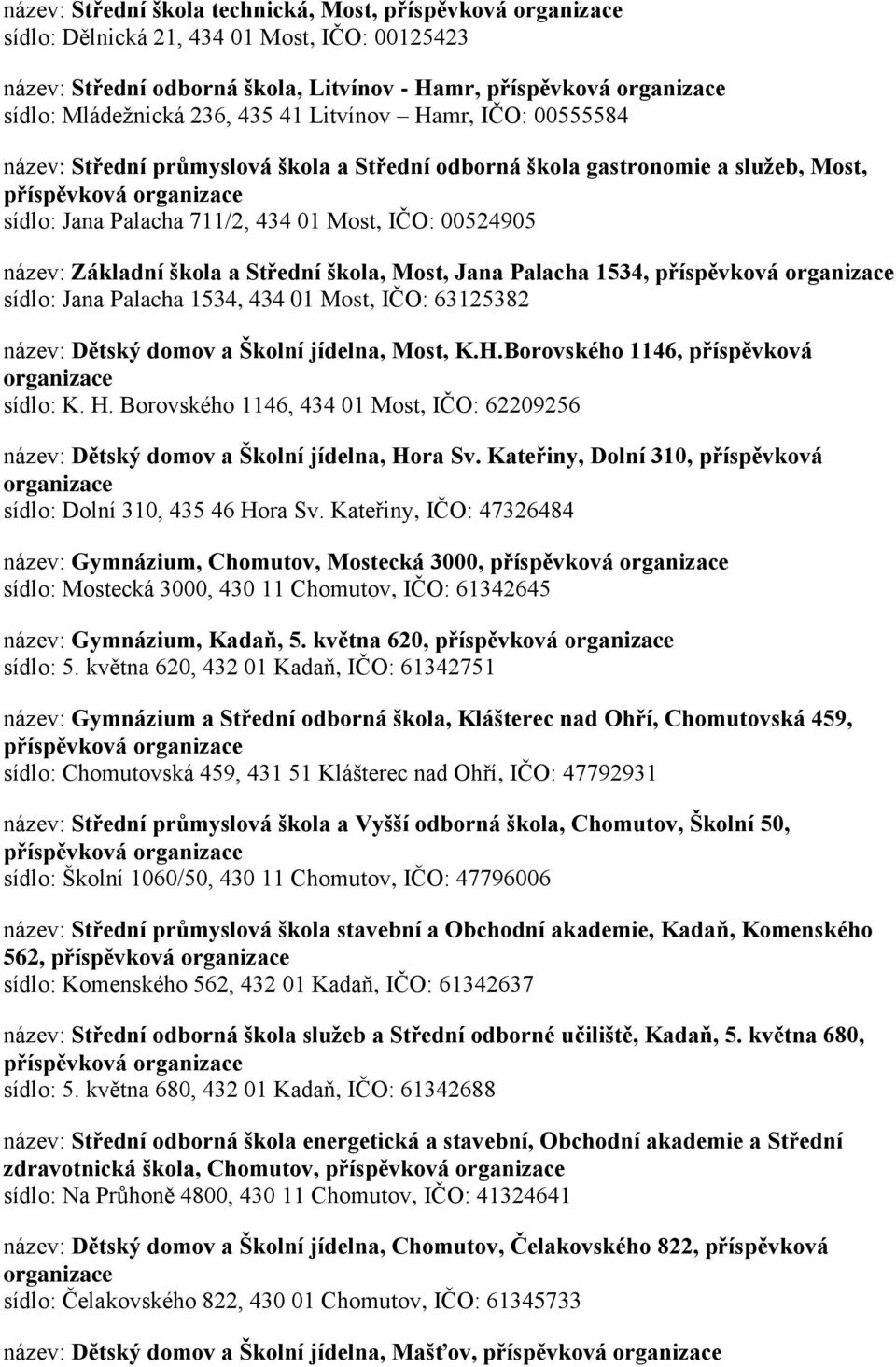 Střední škola, Most, Jana Palacha 1534, příspěvková sídlo: Jana Palacha 1534, 434 01 Most, IČO: 63125382 název: Dětský domov a Školní jídelna, Most, K.H.Borovského 1146, příspěvková sídlo: K. H.