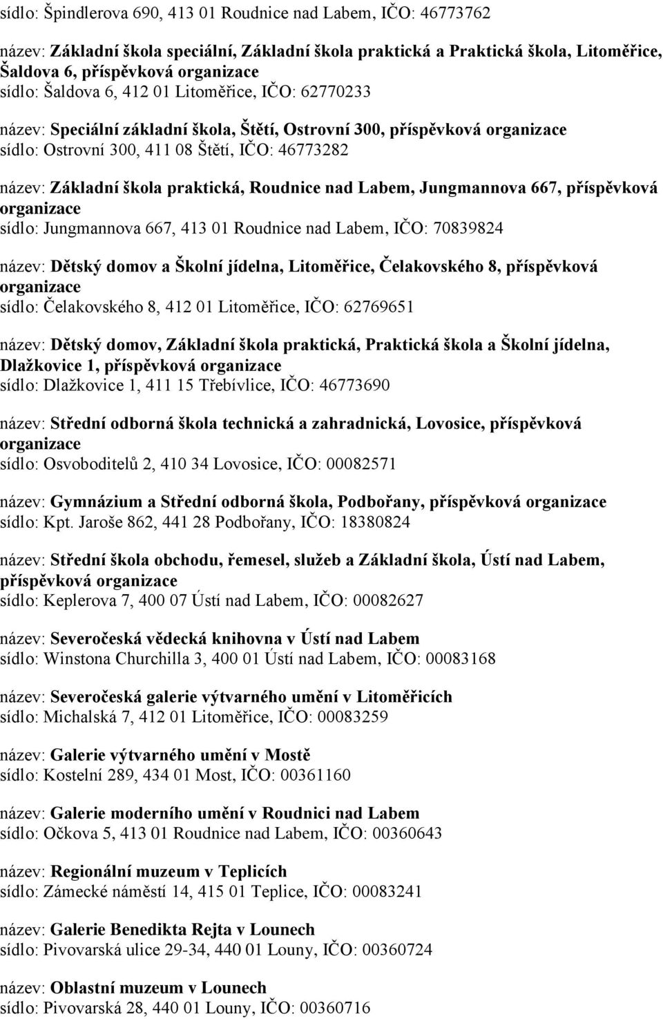 Jungmannova 667, příspěvková sídlo: Jungmannova 667, 413 01 Roudnice nad Labem, IČO: 70839824 název: Dětský domov a Školní jídelna, Litoměřice, Čelakovského 8, příspěvková sídlo: Čelakovského 8, 412