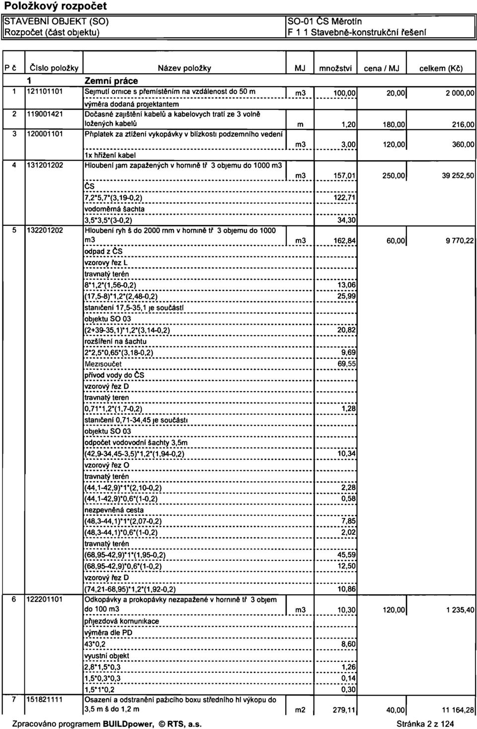 blízkosti podzemního vedení m3 3,00 120,00 360,00 1x hfíženi kabel 4 131201202 Hloubení jam zapažených v hornině tř 3 objemu do 1000 m3 m3 157,01 250,00 39 252,50 ČS 7,2*5.