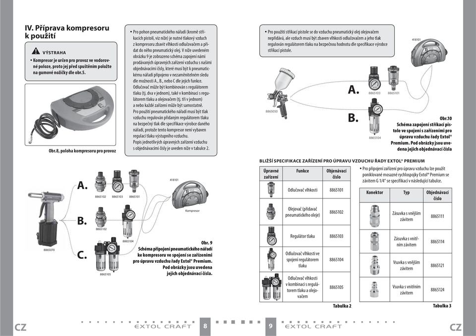 sledu dle možnosti A., B., nebo C dle jejich funkce. Odlučovač může být kombinován s regulátorem tlaku (tj. dva v jednom), také v kombinaci s regulátorem tlaku a olejovačem (tj.