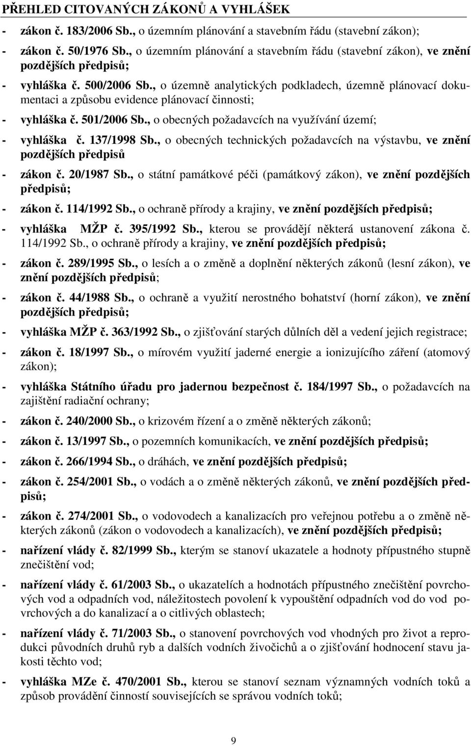 , o územně analytických podkladech, územně plánovací dokumentaci a způsobu evidence plánovací činnosti; - vyhláška č. 501/2006 Sb., o obecných požadavcích na využívání území; - vyhláška č.