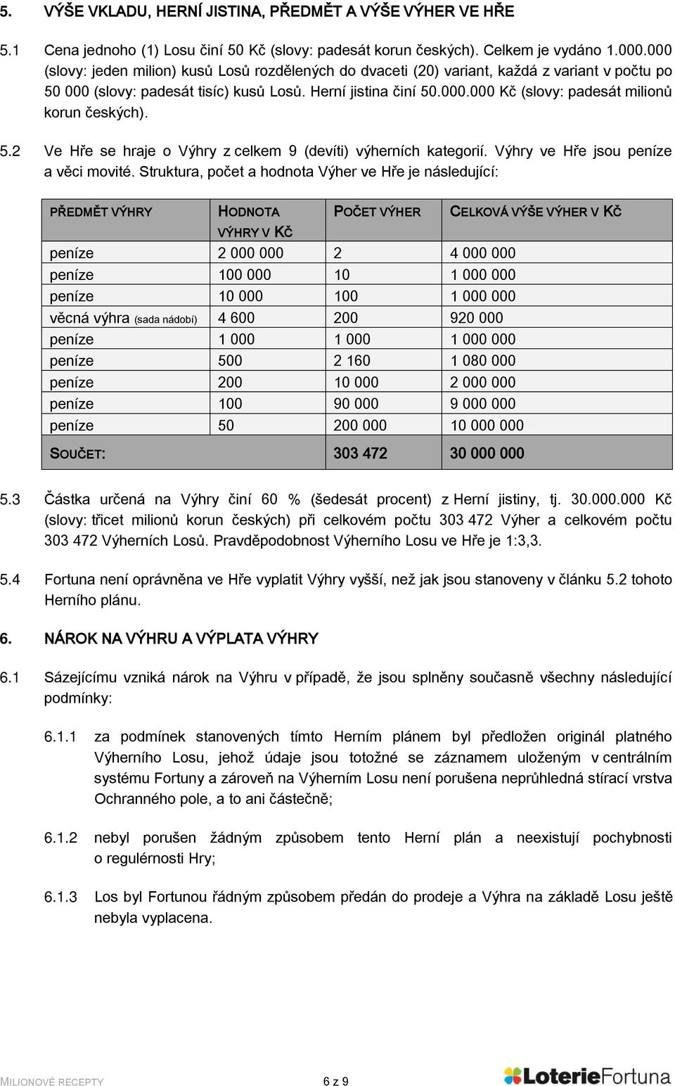 5.2 Ve Hře se hraje o Výhry z celkem 9 (devíti) výherních kategorií. Výhry ve Hře jsou peníze a věci movité.