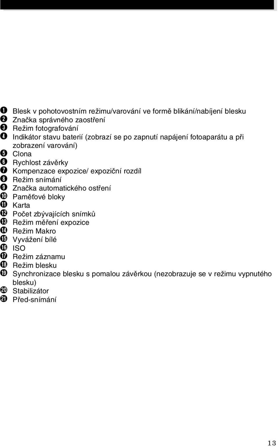 stavu baterií (zobrazí se po zapnutí napájení fotoaparátu a pfii zobrazení varování) Clona Rychlost závûrky Kompenzace expozice/ expoziãní rozdíl