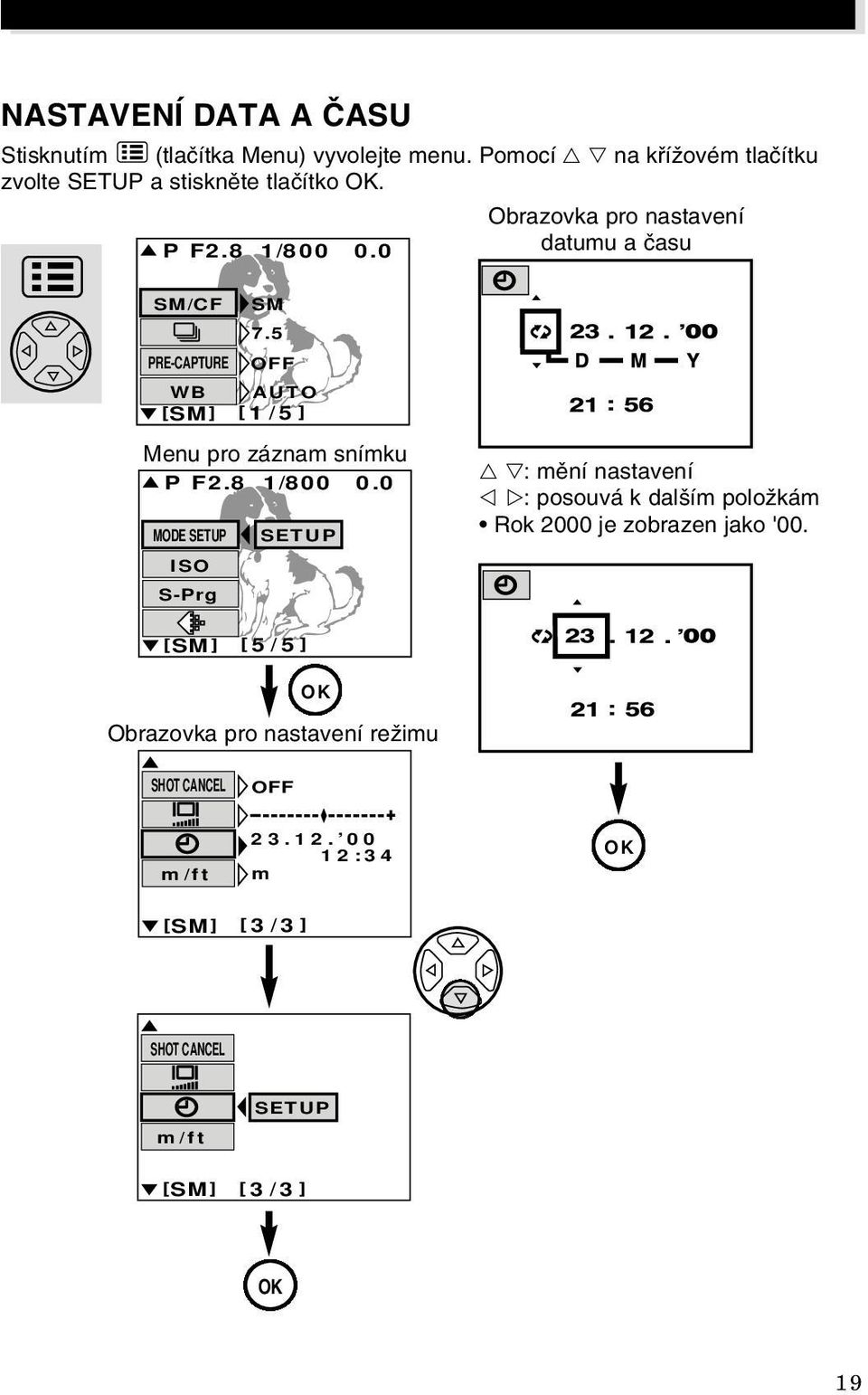 0 Obrazovka pro nastavení datumu a ãasu SM/CF PRE-CAPTURE WB [SM] SM 7.5 OFF AUTO [ 1/5] Menu pro záznam snímku P F2.8 1/800 0.