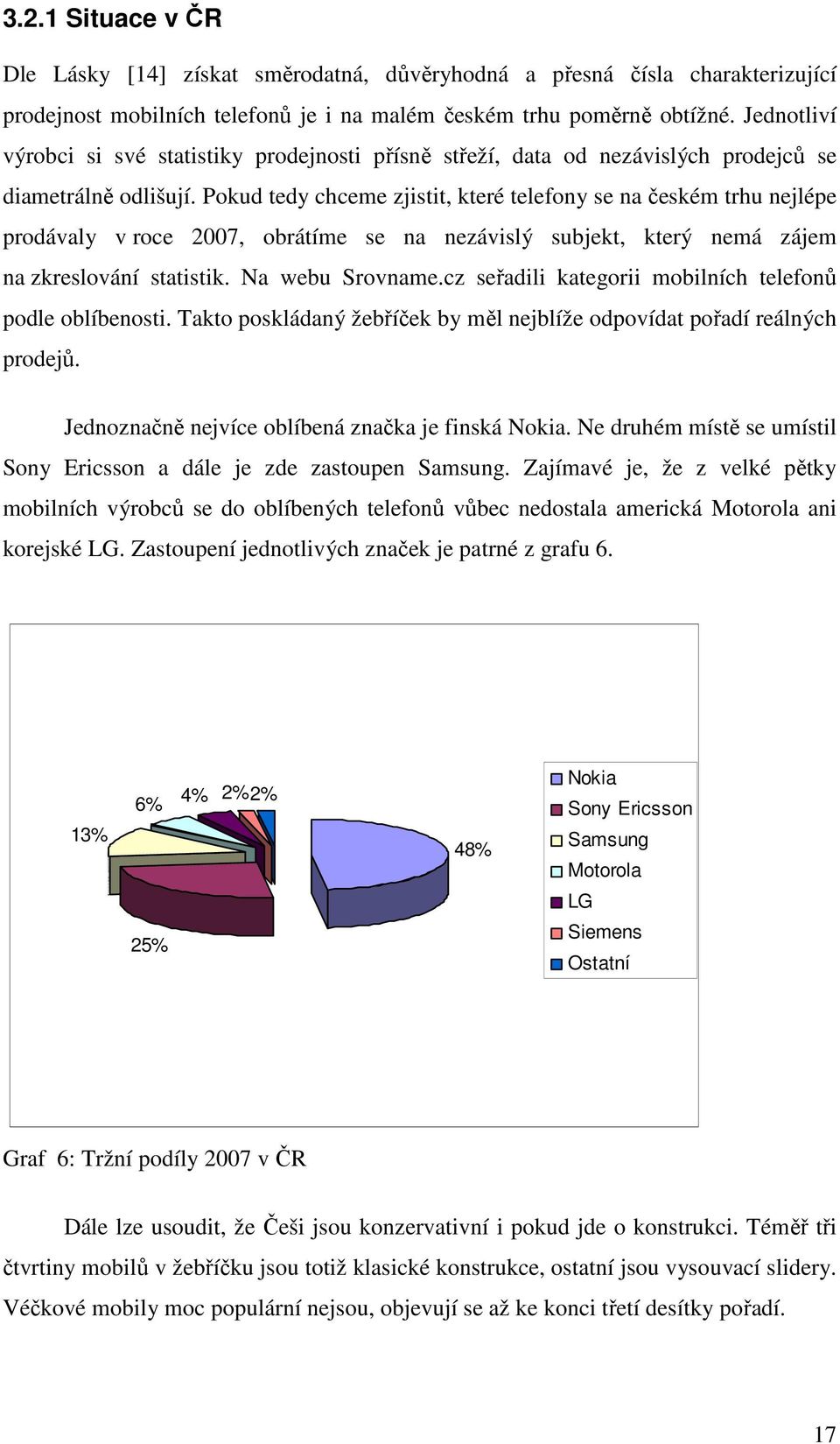 Pokud tedy chceme zjistit, které telefony se na českém trhu nejlépe prodávaly v roce 2007, obrátíme se na nezávislý subjekt, který nemá zájem na zkreslování statistik. Na webu Srovname.