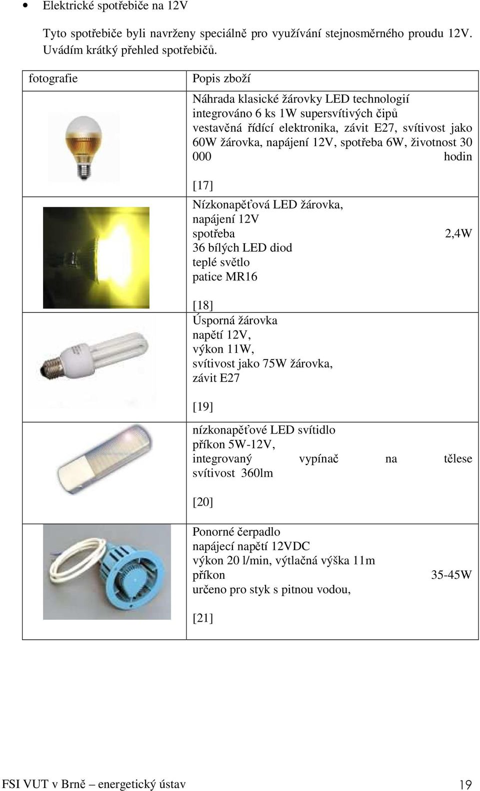 životnost 30 000 hodin [17] Nízkonapěťová LED žárovka, napájení 12V spotřeba 2,4W 36 bílých LED diod teplé světlo patice MR16 [18] Úsporná žárovka napětí 12V, výkon 11W, svítivost jako 75W žárovka,