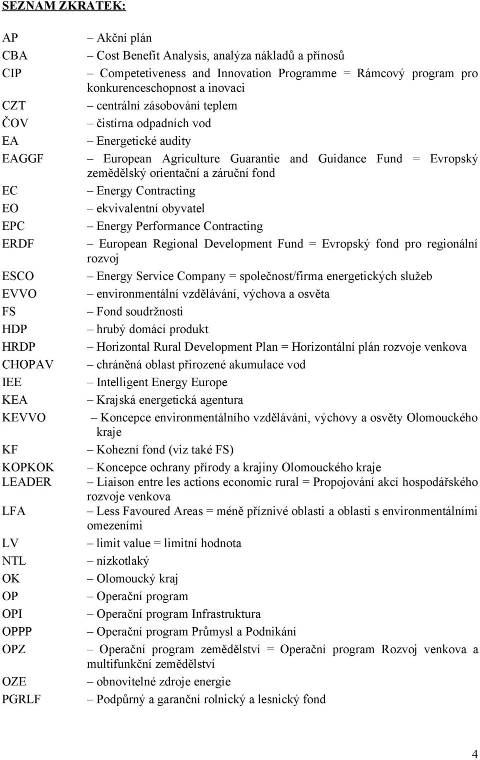 Agriculture Guarantie and Guidance Fund = Evropský zemědělský orientační a záruční fond Energy Contracting ekvivalentní obyvatel Energy Performance Contracting European Regional Development Fund =