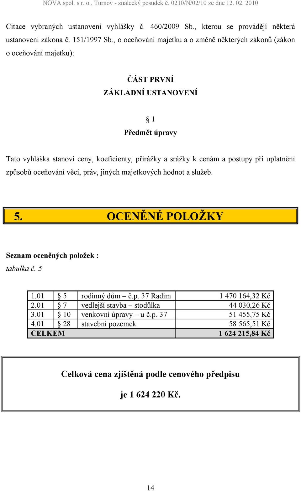 srážky k cenám a postupy při uplatnění způsobů oceňování věcí, práv, jiných majetkových hodnot a služeb. 5. OCENĚNÉ POLOŽKY Seznam oceněných položek : tabulka č. 5 1.