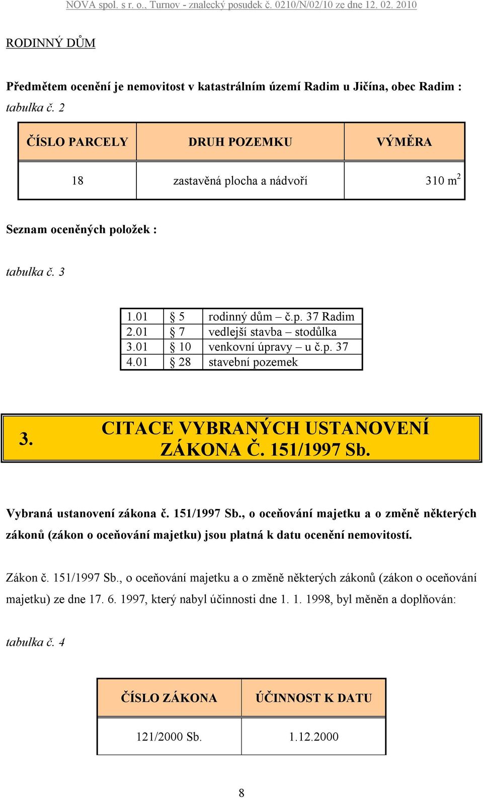 01 10 venkovní úpravy u č.p. 37 4.01 28 stavební pozemek 3. CITACE VYBRANÝCH USTANOVENÍ ZÁKONA Č. 151/1997 Sb.