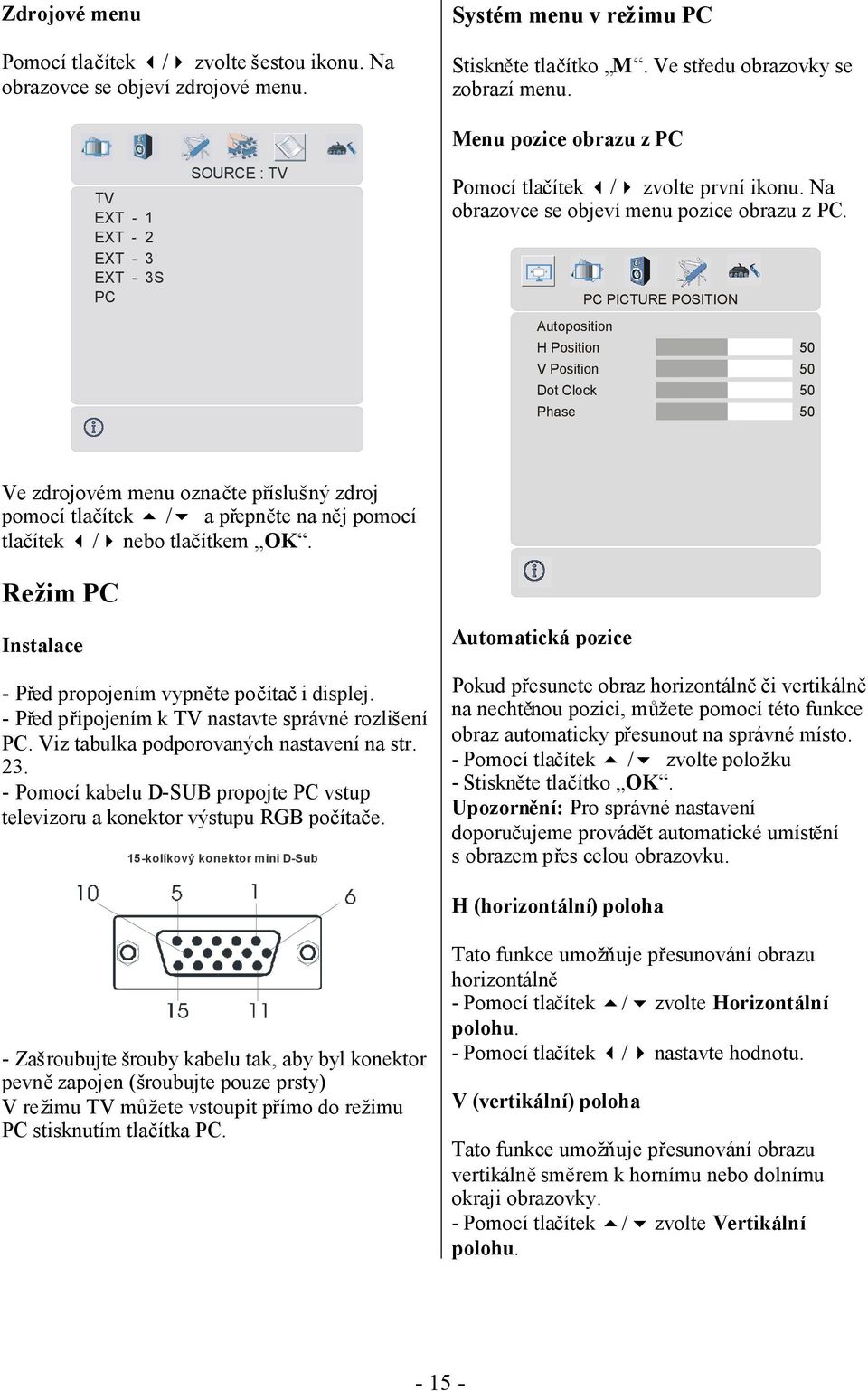 PC PICTURE POSITION Autoposition H Position V Position Dot Clock Phase 50 50 50 50 Ve zdrojovém menu označte příslušný zdroj pomocí tlačítek / a přepněte na něj pomocí tlačítek / nebo tlačítkem OK.