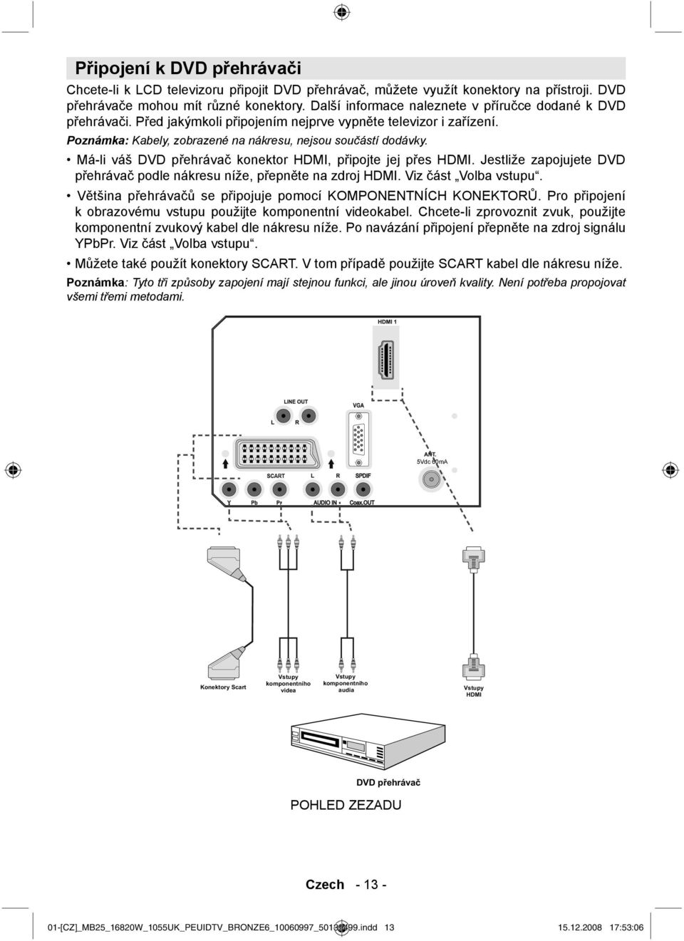 Má-li váš DVD přehrávač konektor HDMI, připojte jej přes HDMI. Jestliže zapojujete DVD přehrávač podle nákresu níže, přepněte na zdroj HDMI. Viz část Volba vstupu.