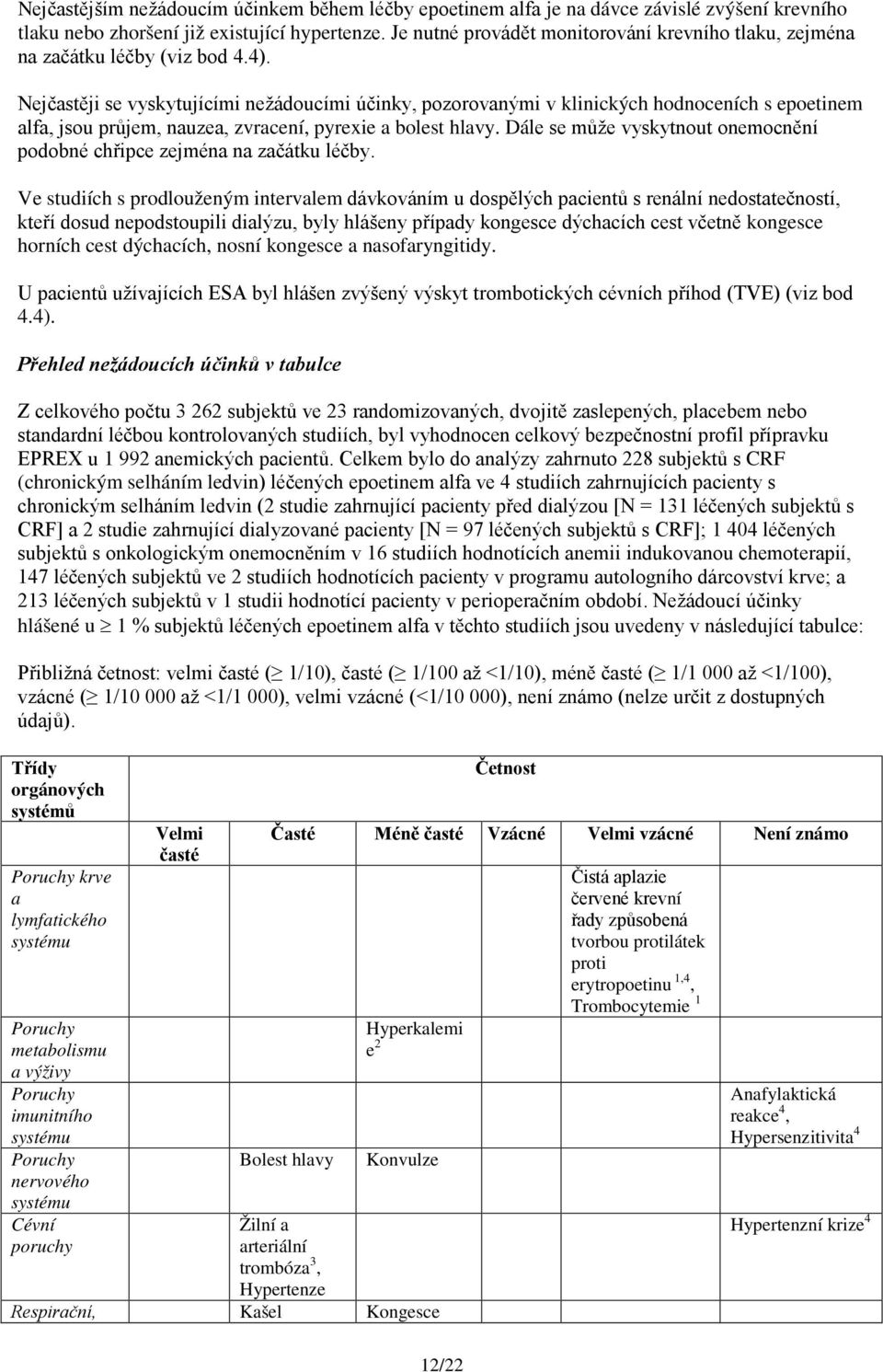 Nejčastěji se vyskytujícími nežádoucími účinky, pozorovanými v klinických hodnoceních s epoetinem alfa, jsou průjem, nauzea, zvracení, pyrexie a bolest hlavy.