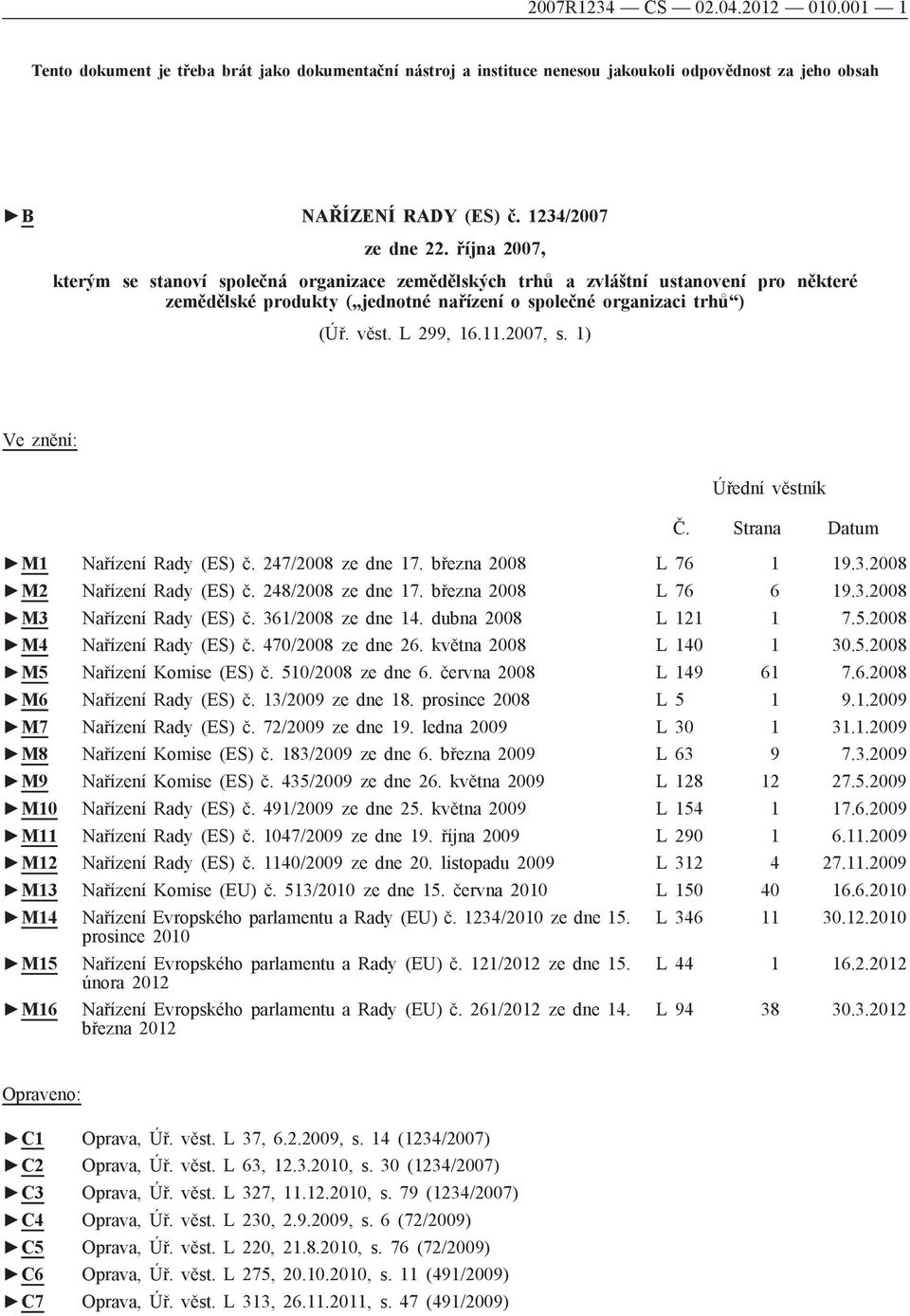 2007, s. 1) Ve znění: Úřední věstník Č. Strana Datum M1 Nařízení Rady (ES) č. 247/2008 ze dne 17. března 2008 L 76 1 19.3.2008 M2 Nařízení Rady (ES) č. 248/2008 ze dne 17. března 2008 L 76 6 19.3.2008 M3 Nařízení Rady (ES) č.