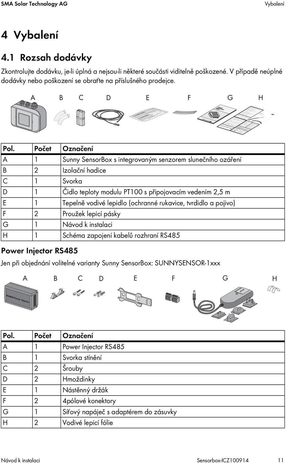 Počet Označení A 1 Sunny SensorBox s integrovaným senzorem slunečního ozáření B 2 Izolační hadice C 1 Svorka D 1 Čidlo teploty modulu PT100 s připojovacím vedením 2,5 m E 1 Tepelně vodivé lepidlo