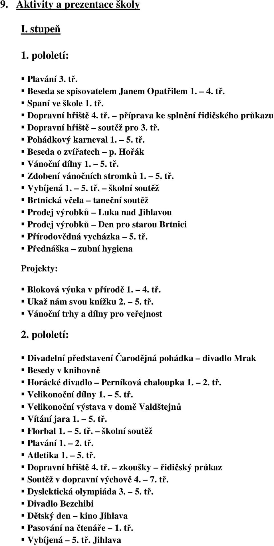 tř. Přednáška zubní hygiena Projekty: Bloková výuka v přírodě 1. 4. tř. Ukaž nám svou knížku 2. 5. tř. Vánoční trhy a dílny pro veřejnost 2.