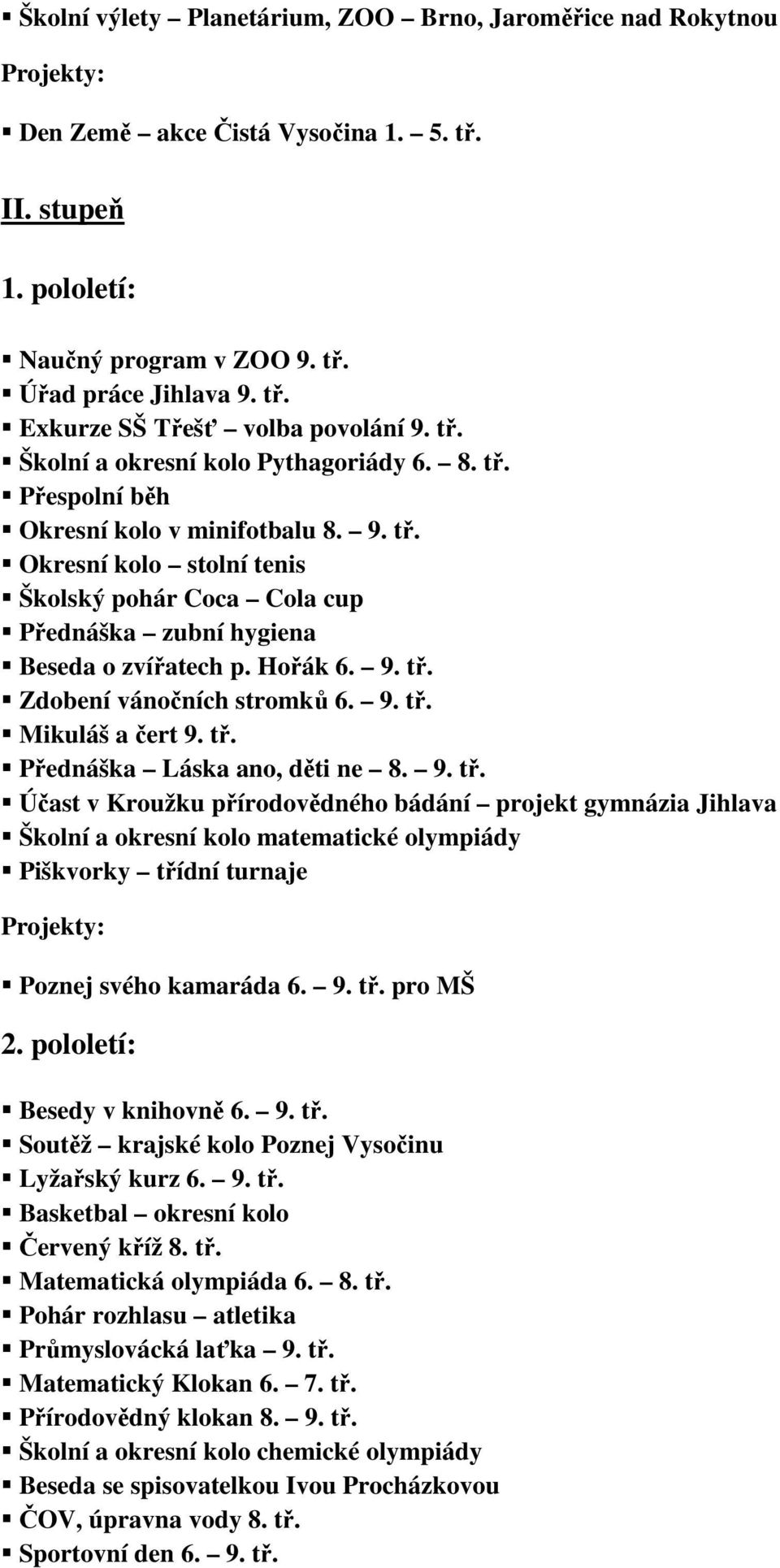 Hořák 6. 9. tř. Zdobení vánočních stromků 6. 9. tř. Mikuláš a čert 9. tř. Přednáška Láska ano, děti ne 8. 9. tř. Účast v Kroužku přírodovědného bádání projekt gymnázia Jihlava Školní a okresní kolo matematické olympiády Piškvorky třídní turnaje Projekty: Poznej svého kamaráda 6.