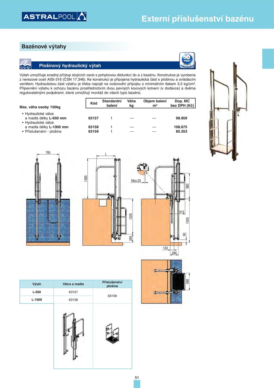 Připevnění výtahu k ochozu bazénu prostřednictvím dvou pevných kovových kotvení (v dodávce) a dvěma regulovatelnými podpěrami, které umožňují montáž do všech typů bazénů. Max.