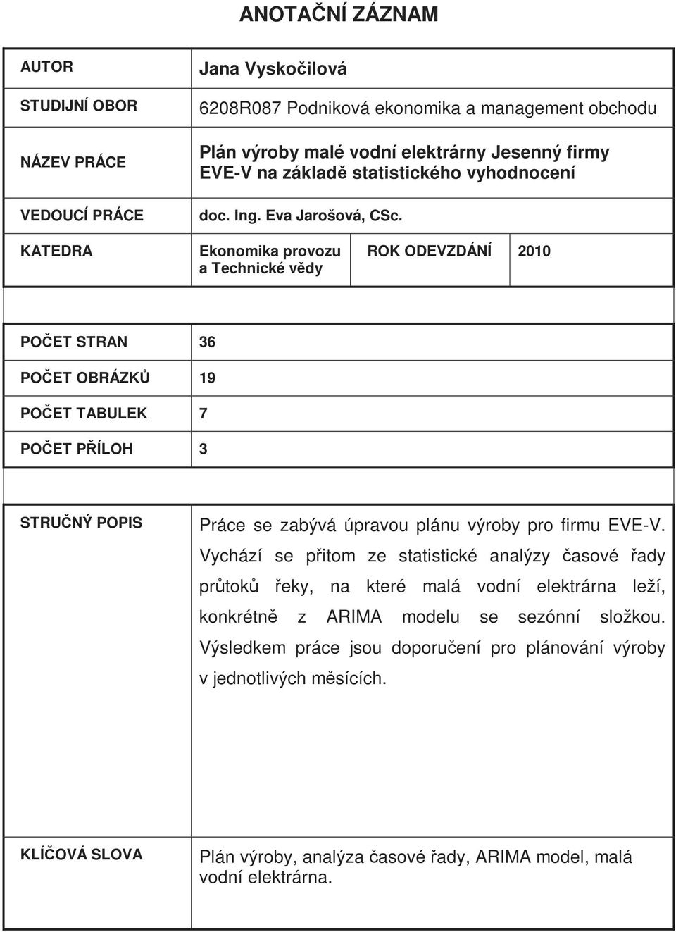 KATEDRA Ekonomika provozu a Technické vědy ROK ODEVZDÁNÍ 2010 POČET STRAN 36 POČET OBRÁZKŮ 19 POČET TABULEK 7 POČET PŘÍLOH 3 STRUČNÝ POPIS Práce se zabývá úpravou plánu výroby pro firmu