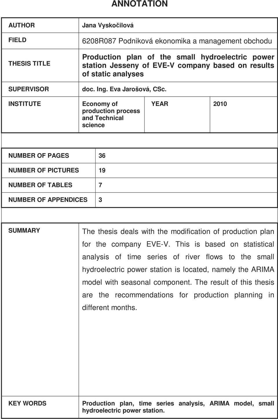 INSTITUTE Economy of production process and Technical science YEAR 2010 NUMBER OF PAGES 36 NUMBER OF PICTURES 19 NUMBER OF TABLES 7 NUMBER OF APPENDICES 3 SUMMARY The thesis deals with the