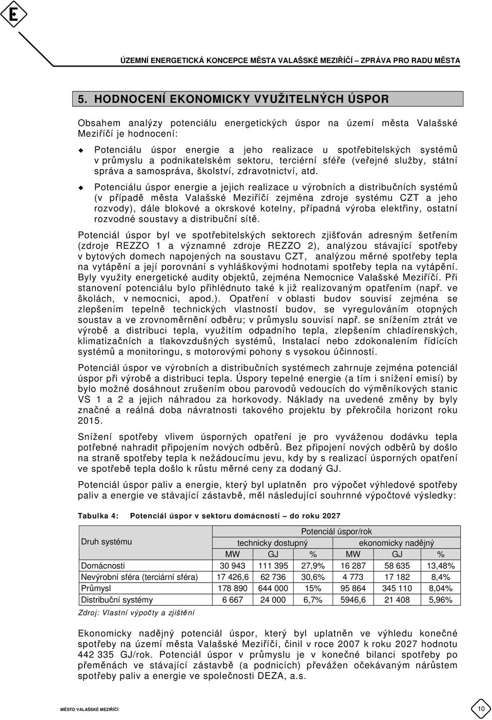 Potenciálu úspor energie a jejich realizace u výrobních a distribučních systémů (v případě města Valašské Meziříčí zejména zdroje systému CZT a jeho rozvody), dále blokové a okrskové kotelny,