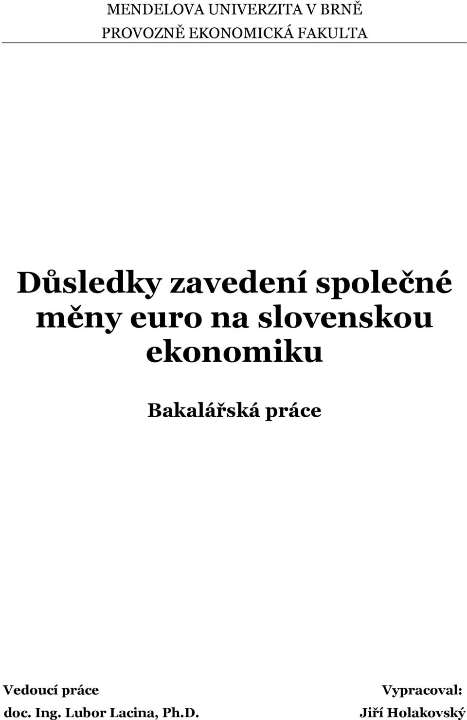 slovenskou ekonomiku Bakalářská práce Vedoucí práce