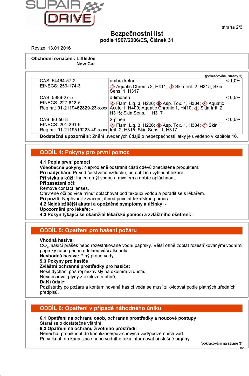 2, H315; Skin Sens. 1, H317 < 1,0% < 0,5% < 0,5% Dodatečná upozornění: Znění uvedených údajů o nebezpečnosti látky je uvedeno v kapitole 16. ODDÍL 4: Pokyny pro první pomoc 4.