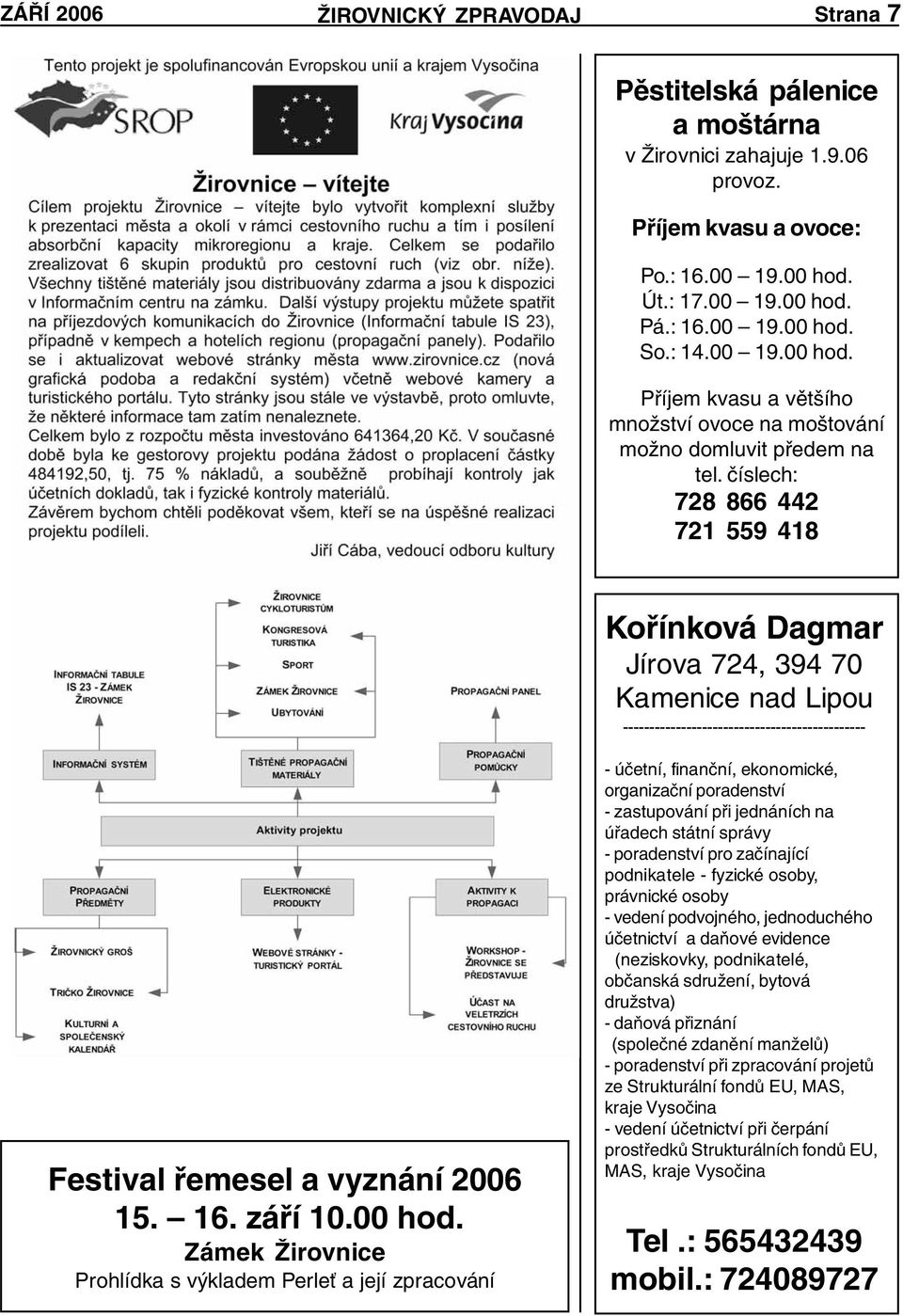 číslech: 728 866 442 721 559 418 Kořínková Dagmar Jírova 724, 394 70 Kamenice nad Lipou ---------------------------------------------- Festival řemesel a vyznání 2006 15. 16. září 10.00 hod.