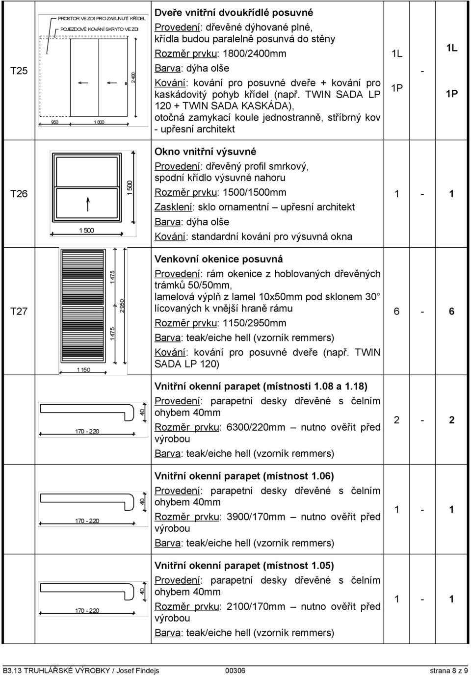 TWIN SADA LP 120 + TWIN SADA KASKÁDA), otočná zamykací koule jednostranně, stříbrný kov upřesní architekt Okno vnitřní výsuvné T26 1 500 Provedení: dřevěný profil smrkový, spodní křídlo výsuvné