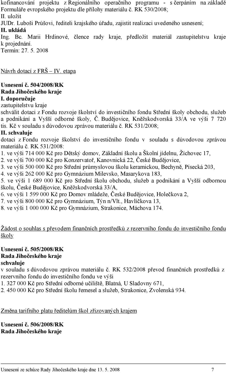 2008 Návrh dotací z FRŠ IV. etapa Usnesení č. 504/2008/RK I.