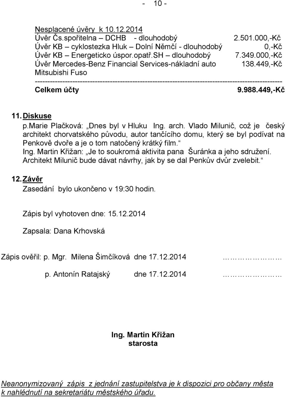 449,-Kč Mitsubishi Fuso --------------------------------------------------------------------------------------------------- Celkem účty 9.988.449,-Kč 11. Diskuse p.