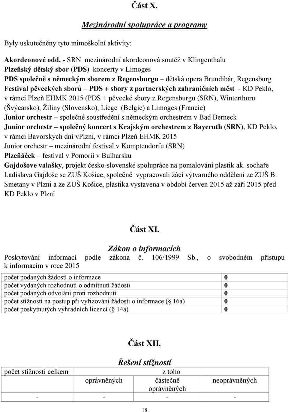 sborů PDS + sbory z partnerských zahraničních měst - KD Peklo, v rámci Plzeň EHMK 2015 (PDS + pěvecké sbory z Regensburgu (SRN), Winterthuru (Švýcarsko), Ţiliny (Slovensko), Liege (Belgie) a Limoges
