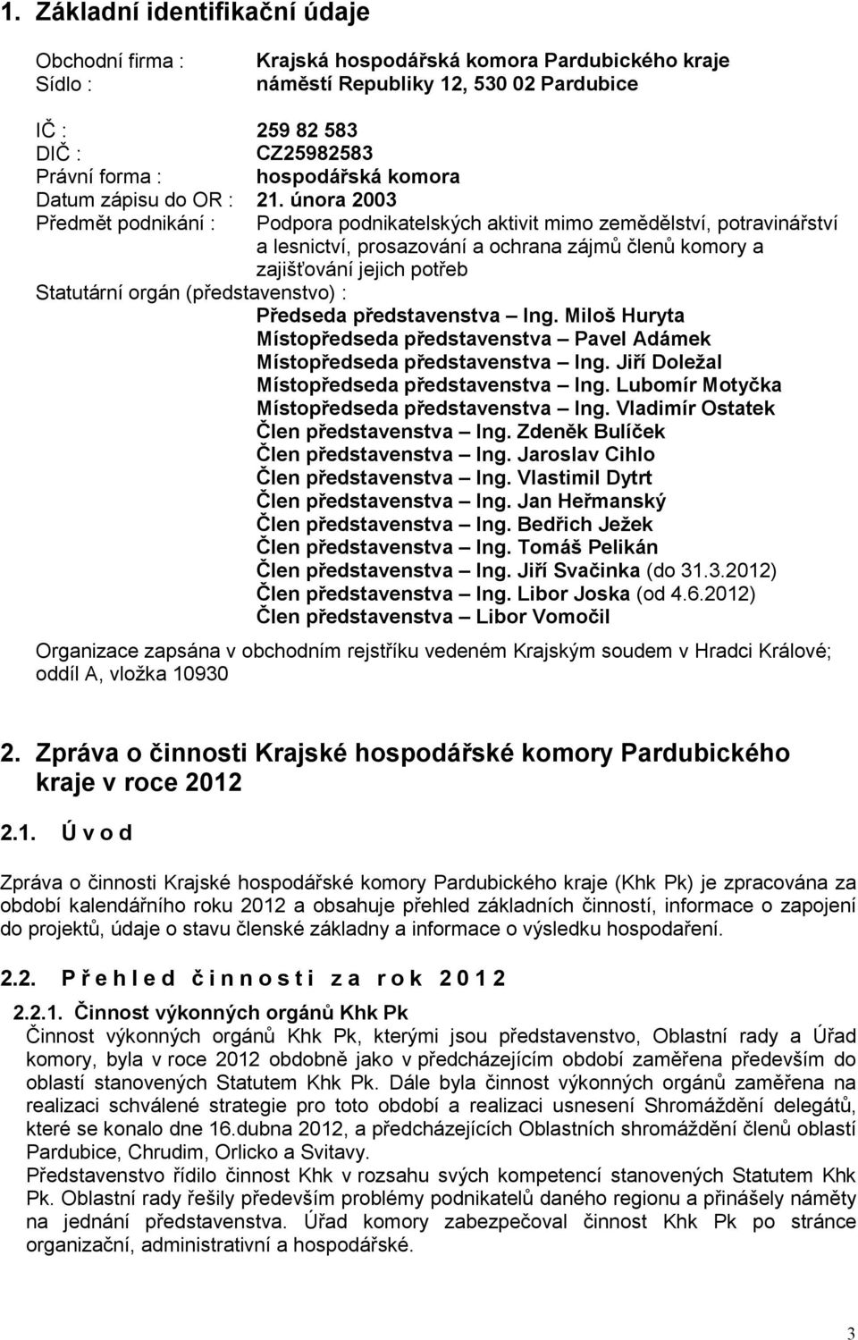 února 2003 Předmět podnikání : Podpora podnikatelských aktivit mimo zemědělství, potravinářství a lesnictví, prosazování a ochrana zájmů členů komory a zajišťování jejich potřeb Statutární orgán