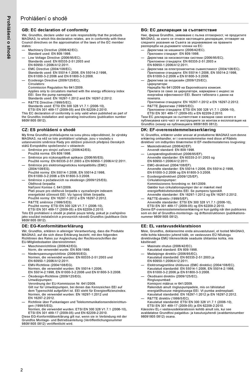 Standards used: EN 60335-2-51:2003 and EMC Directive (2004/108/EC). Standards used: EN 55014-1:2006, EN 55014-2:1998, EN 61000-3-2:2006 and EN 61800-3-3:2008. Ecodesign Directive (2009/125/EC).