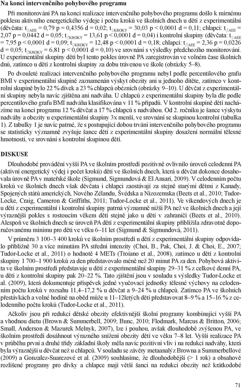 kontrolní skupiny (děvčata: t AEE = 7,95 p < 0,0001 d = 0,09; t KROKY = 12,48 p < 0,0001 d = 0,18; chlapci: t AEE = 2,36 p = 0,0226 d = 0,05; t KROKY = 6,81 p < 0,0001 d = 0,10) ve srovnání s