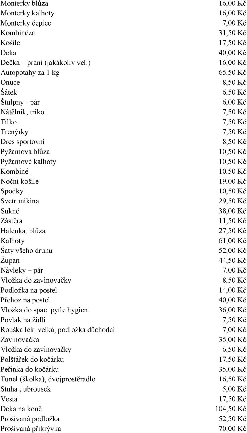 Kalhoty Šaty všeho druhu Župan Návleky pár Vložka do zavinovačky Podložka na postel Přehoz na postel Vložka do spac. pytle hygien. Povlak na židli Rouška lék.