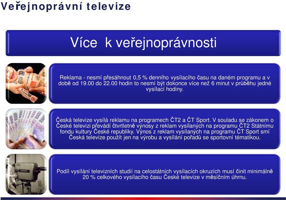 V souladu se zákonem o České televizi převádí čtvrtletně výnosy z reklam vysílaných na programu ČT2 Státnímu fondu kultury České republiky.
