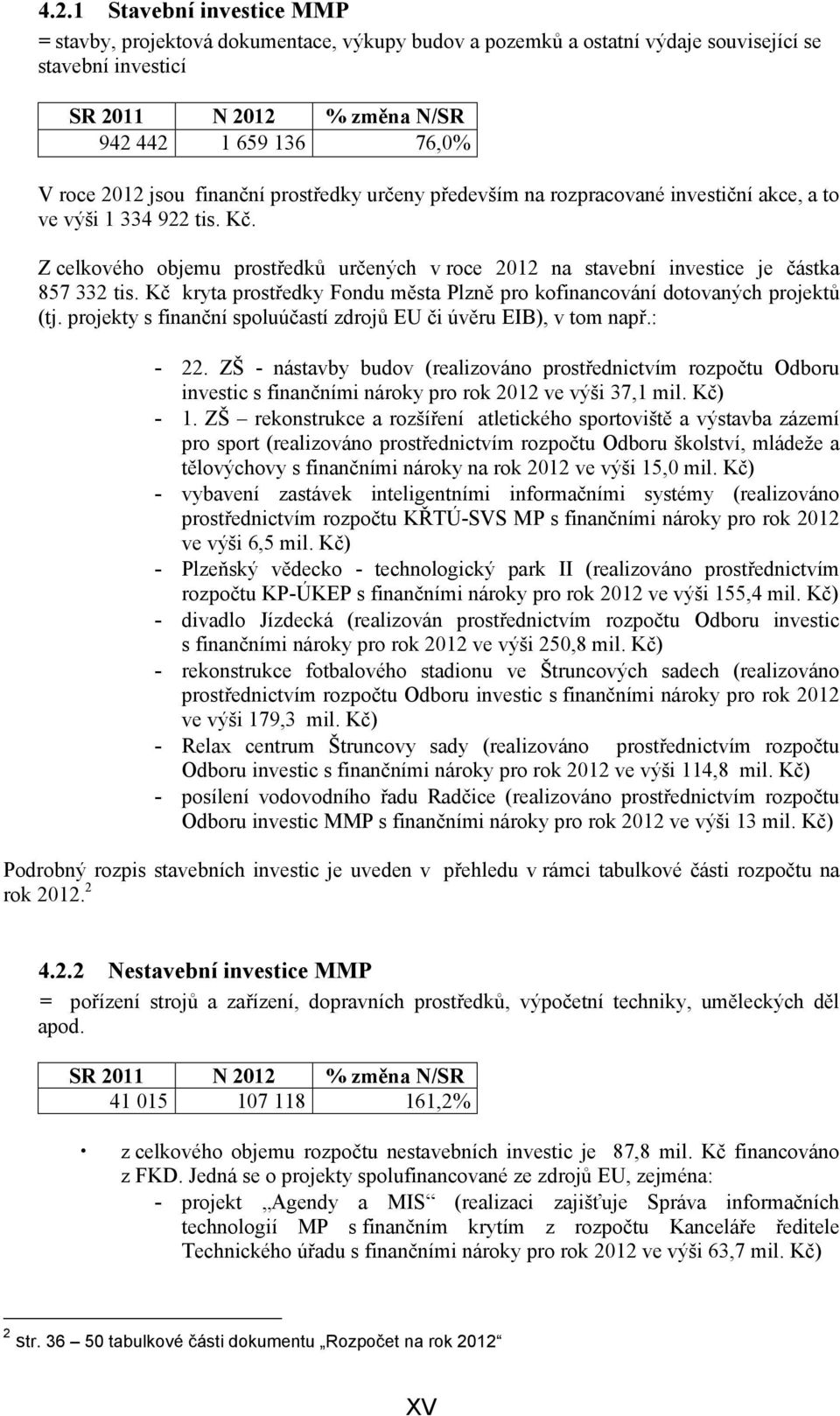 Z celkového objemu prostředků určených v roce 2012 na stavební investice je částka 857 332 tis. Kč kryta prostředky Fondu města Plzně pro kofinancování dotovaných projektů (tj.