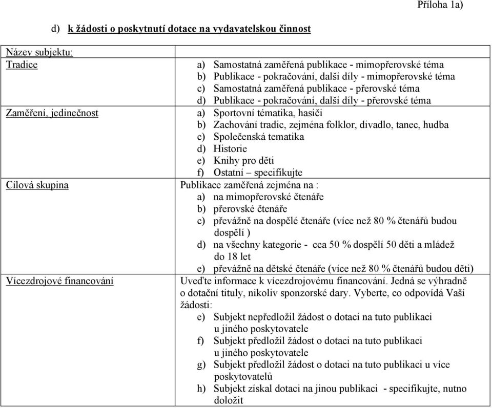 divadlo, tanec, hudba c) Společenská tematika d) Historie e) Knihy pro děti f) Ostatní specifikujte Cílová skupina Publikace zaměřená zejména na : a) na mimopřerovské čtenáře b) přerovské čtenáře c)