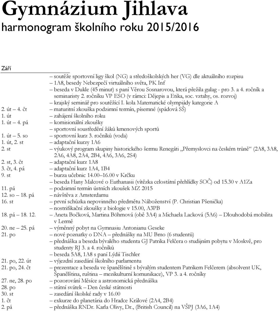 čt maturitní zkouška podzimní termín, písemné (spádová SŠ) 1. út zahájení školního roku 1. út 4. pá komisionální zkoušky sportovní soustředění žáků kmenových sportů 1. út 5. so sportovní kurz 3.